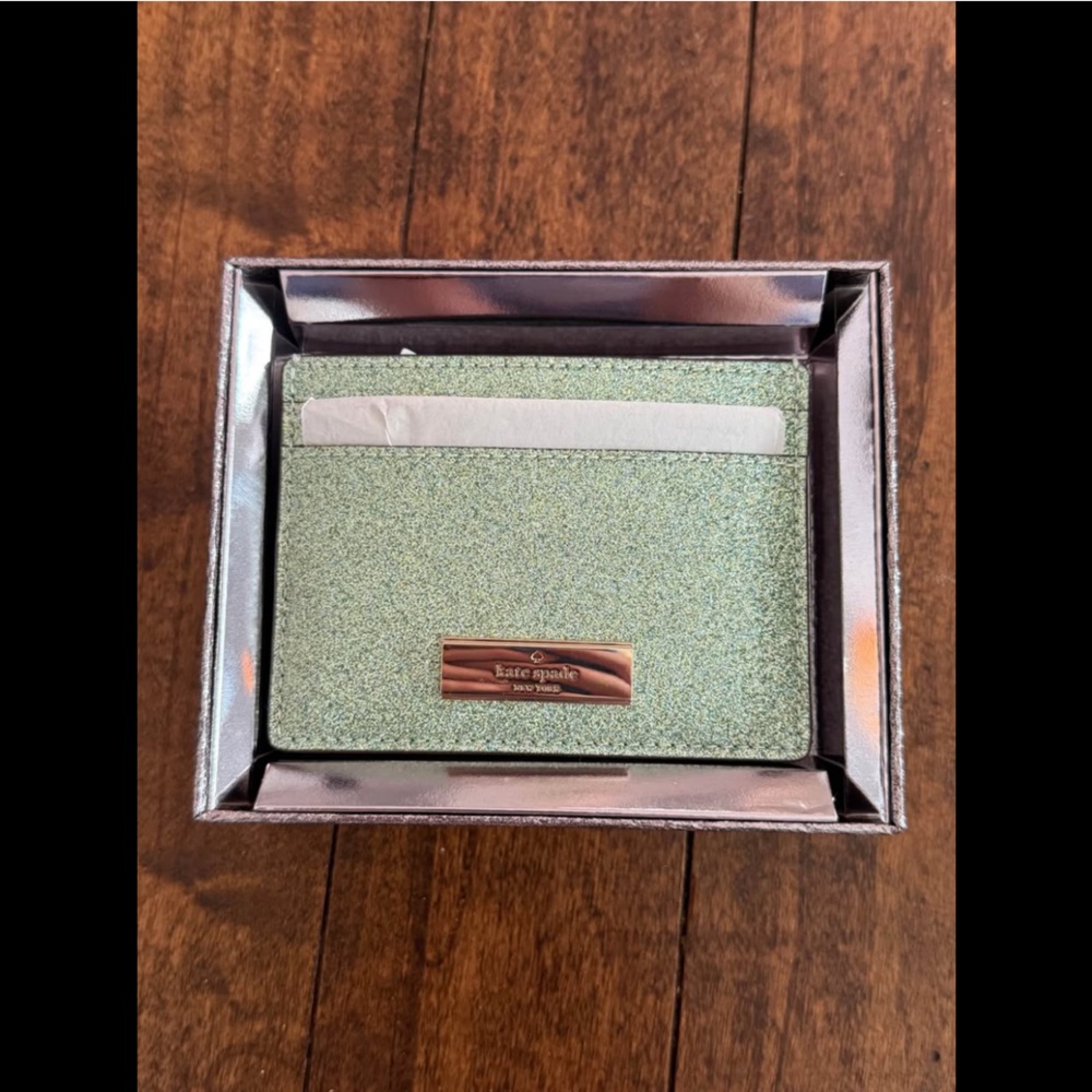 kate spade Mint Green Glitter Card Holder with Rose Gold Plate - Picture 2 of 4